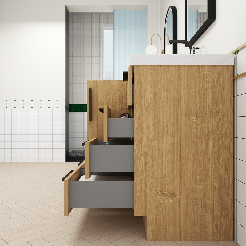 Meuble-lavabo autoportant avec lavabo double 70,8 po Carla, 71", Chêne naturel