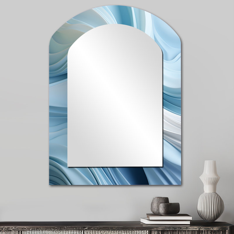 Blanc et bleu Zen Zephyr Spiral I - miroir décoratif asymétrique abstrait en spirale abstraite, 34 po x 25 po