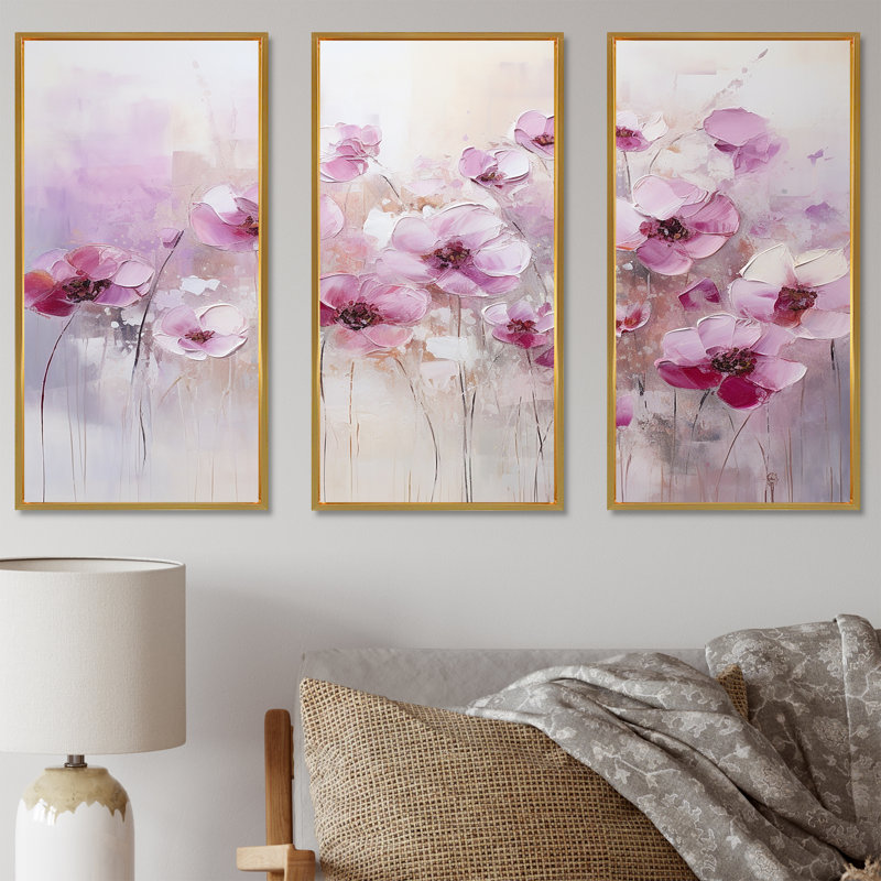 Ensemble d'art mural Fuschia, Cadre flottant doré, H 28 po x l 36 po x P 1 po