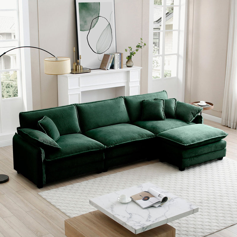 Canapé avec un repose-pieds, Velours côtelé vert, H 33,88 po x l 80,33 po x P 48,05 po