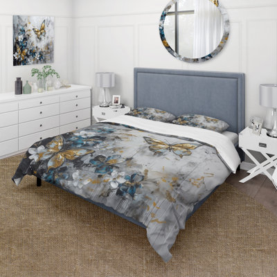 Ensemble de housse de couette en microfibre / polyester Golden Blue Butterfly Wings And Flowers III