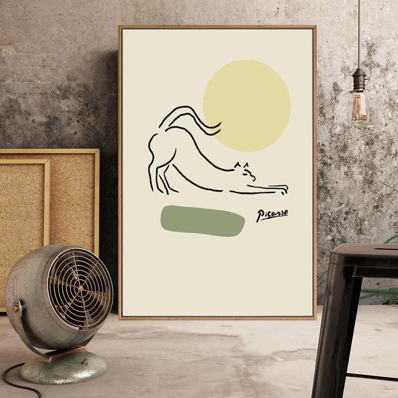 Picasso Stretching Cat With Green Circles Minimalist Art Framed On Canvas Print, Natural Framed, 24" H x 16" W x 1.5" D