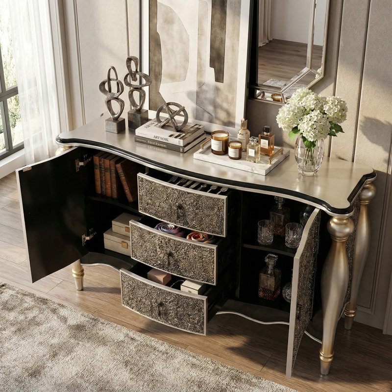57'' Luxury Embossed Sideboard Buffet Cabinet With Drawers And Doors,  Vintage Accent Sideboard For Living Room, 2 Doors And 3 Drawers, Silver And Black