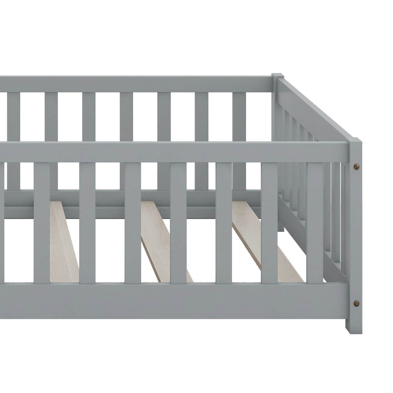 Twin Floor Bed For Kids, Solid Wood Montessori Bed Frame With Safety Guardrails, Montessori Floor Bed For Toddlers Without Door