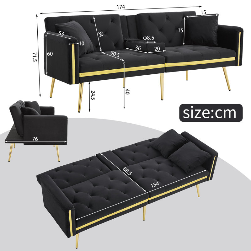 2 Seater Velvet Sofa Bed, Black