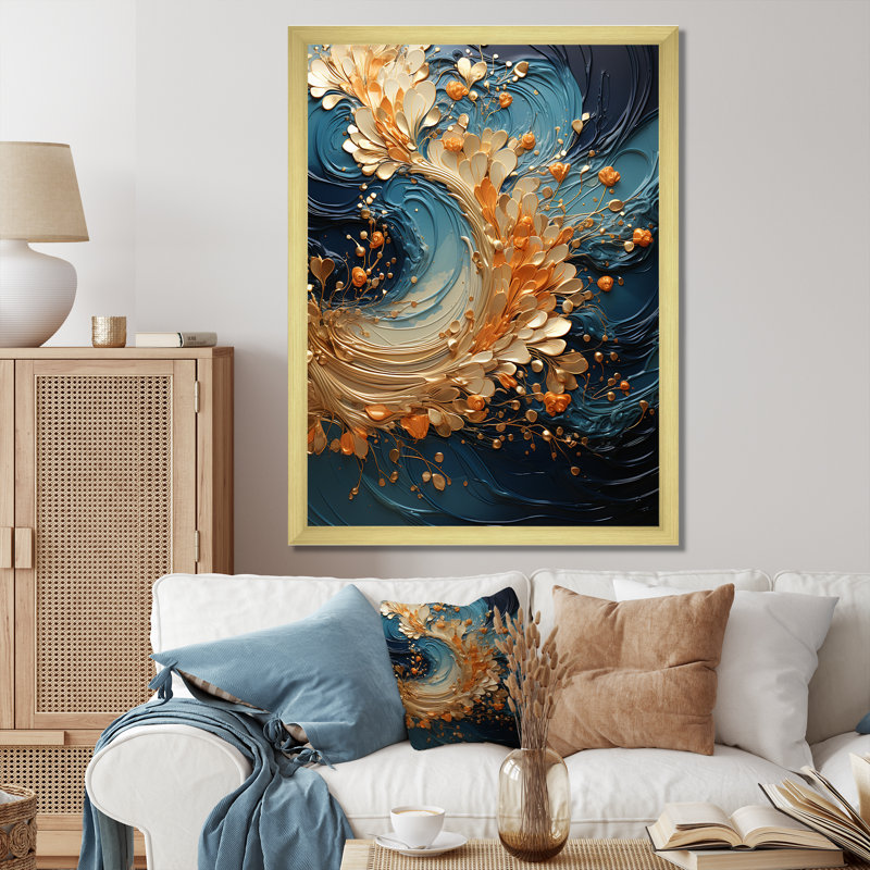 Abstrait, art mural sur toile Golden Sapphire, Cadre doré simple, H 40 po x l 30 po x P 1,5 po
