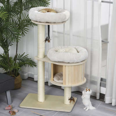 Arbre à chat Eyre, tour à chat à 3 niveaux avec poteaux à griffer, lit, condo, jouets de badminton, pour plusieurs chatons
