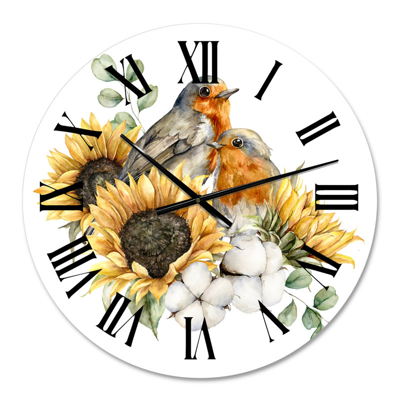 Autumn Bouquet with Redbreasts Sunflowers Cotton Wall Clock, Small