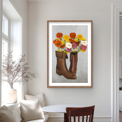 Boots with Daisies Flowers - Western Orange Framed Print