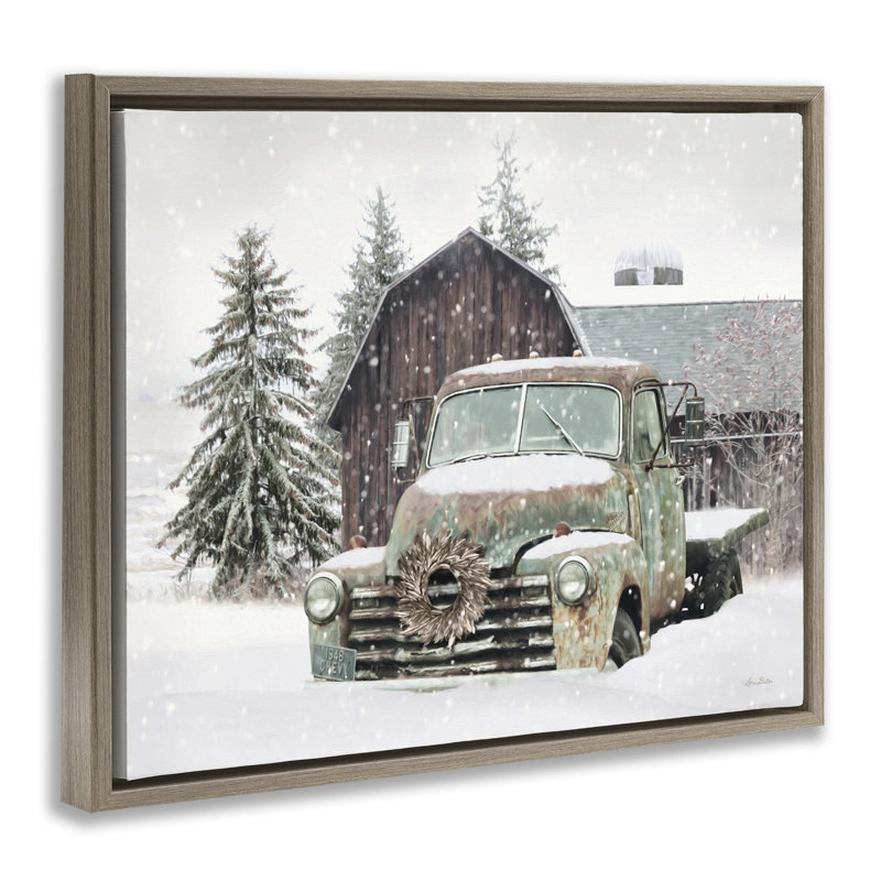 Camion et grange d'hiver rustique, H 17 po x l 21 po, Cadre flottant orme Montalcino