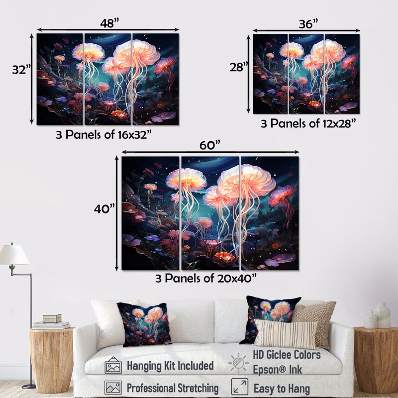 «Blue and Pink Jellyfish Dance I» - Ensemble de décorations murales corail sous l'eau, H 40 po x l 60 po x P 1 po