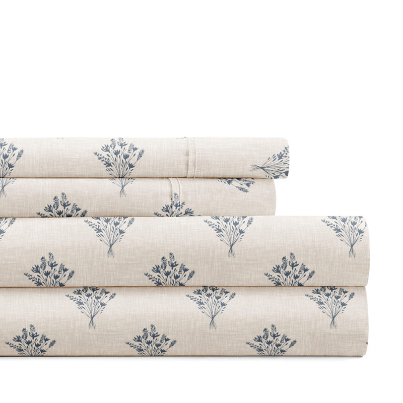 Blue Floral Microfiber Queen Sheet Set with Pillowcases