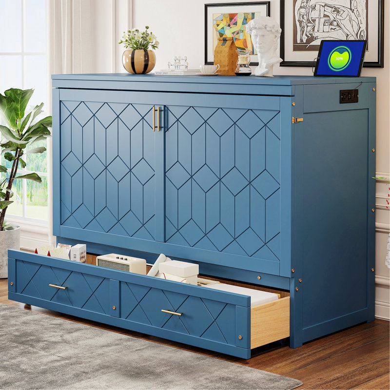 Cadre de lit pour chambre à coucher, lit escamotable avec tiroir et ensemble de prises, ports USB, Navy Blue