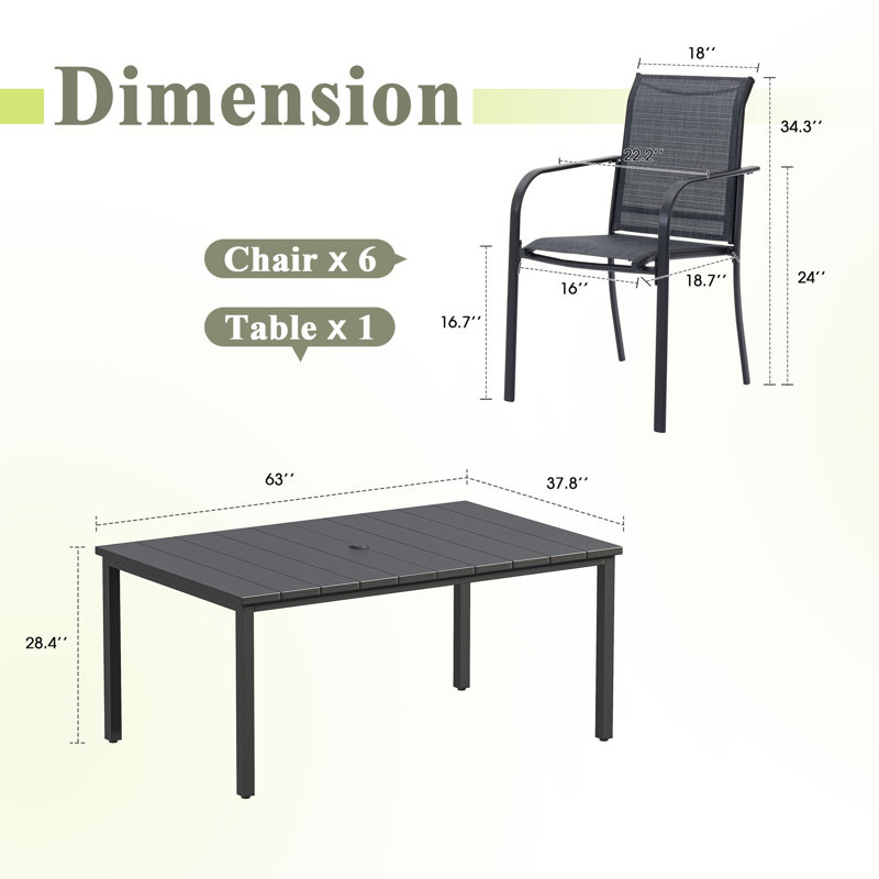 6-Person Rectangular Patio Dining Set With Stackable Textilene Chairs, Black/Gray