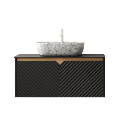 Meuble-lavabo de 36 po avec lavabo, armoire de rangement flottante murale en contreplaqué, portes doubles en sergé avec garniture en métal, vasque rectangulaire en céramique à motif marbré et plateau en pierre frittée