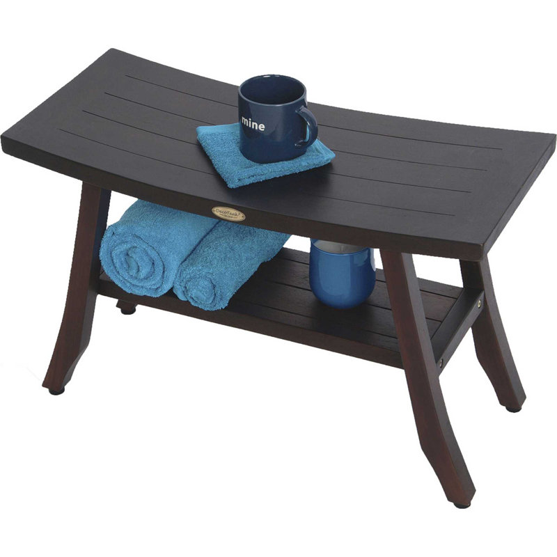 Teak Shower Bench With Shelf, Brown, 18" H x 28" W x 12" D