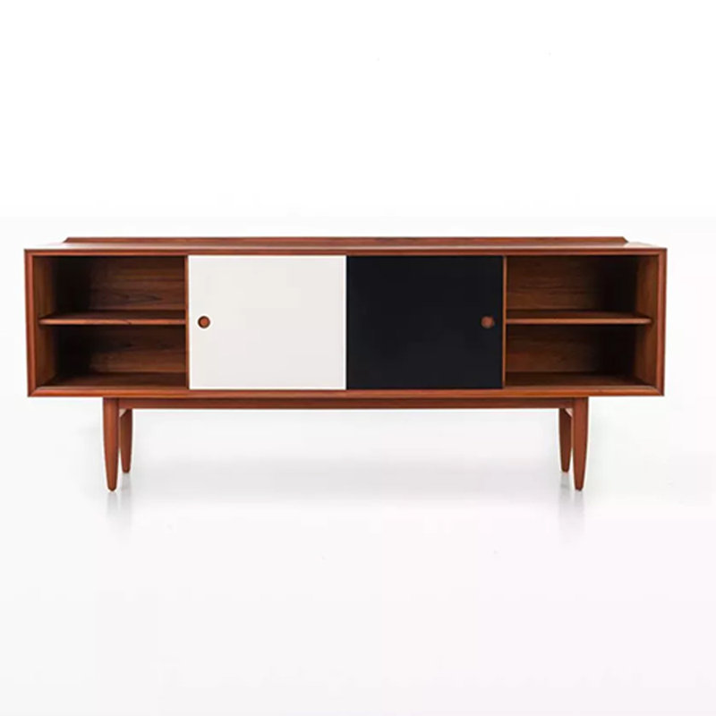 Meuble télé minimaliste en bois massif avec grand rangement, Noir/brun/blanc, 70.86"