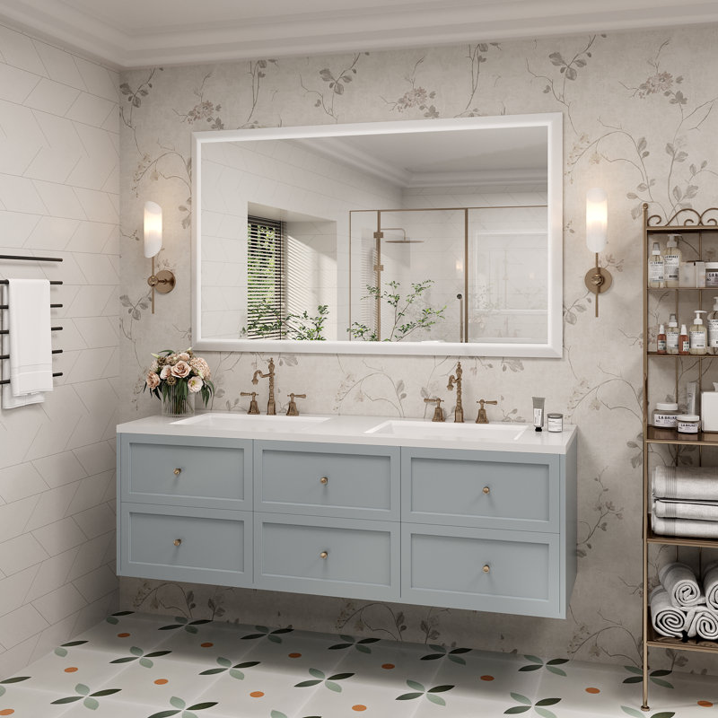 Molly Tempered Glass Metal Beveled Framed Wall Mounted Vanity Rectangular Mirror, White, 72" x 32"