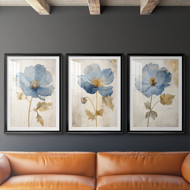 FLORAL Series LII - Impression sur mesure encadrée de qualité supérieure - 3 pièces, Noir, H 21 po x l 30 po