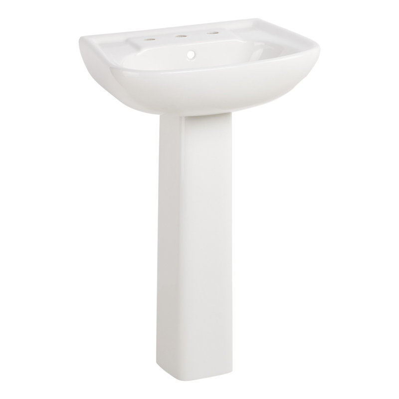 23" Rainsville 27.75" Tall White Porcelain Rectangular Pedestal/Wall Bathroom Sink with Overflow, 8" Centers