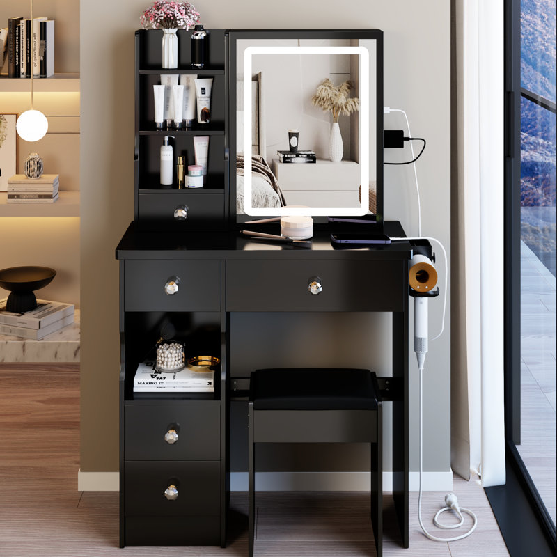 Table de coiffeuse avec tiroir gauche de 29,2 po, tabouret rembourré, 2 alimentations électriques + 2, support pour sèche-cheveux et tiroir à miroir réglable à trois couleurs