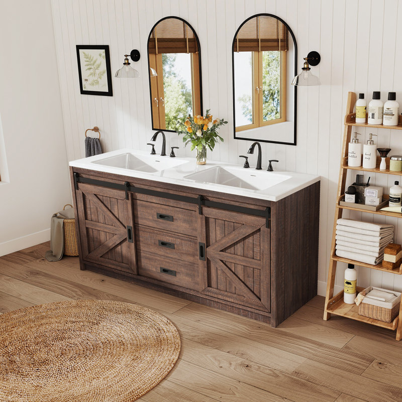 Ensemble de meuble-lavabo double en bois manufacturé 2 tiroirs 2 portes Chimira, 33.7" H x 60" W x 21.7" D, Brun rustique