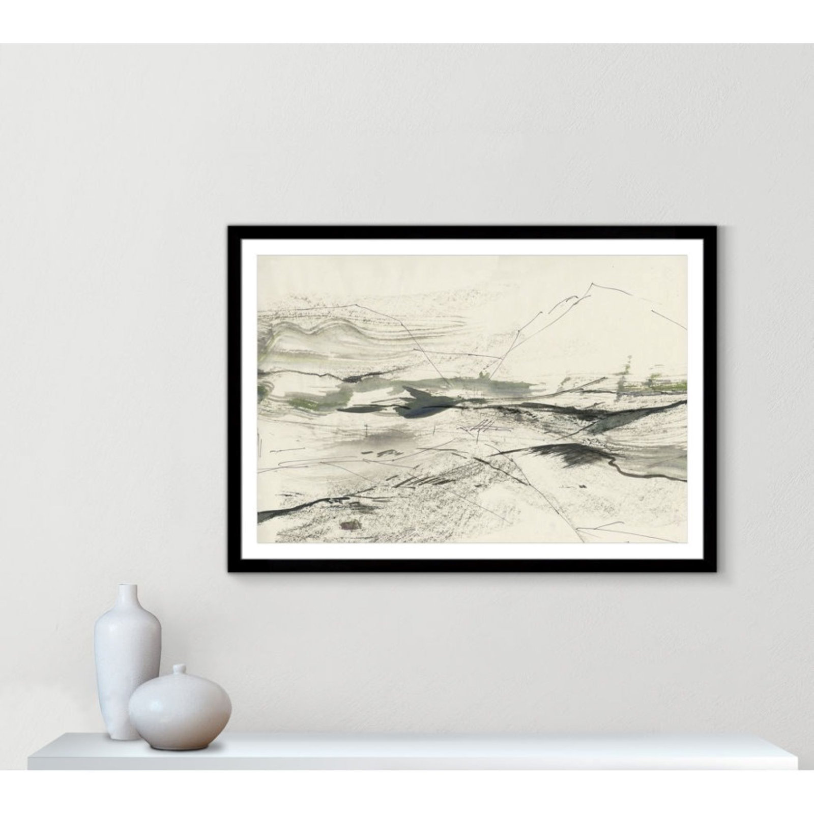 Green Sketches Print by PI Studio, 39" H x 55" W x 1.25" D, Black Cube Picture Framed, White