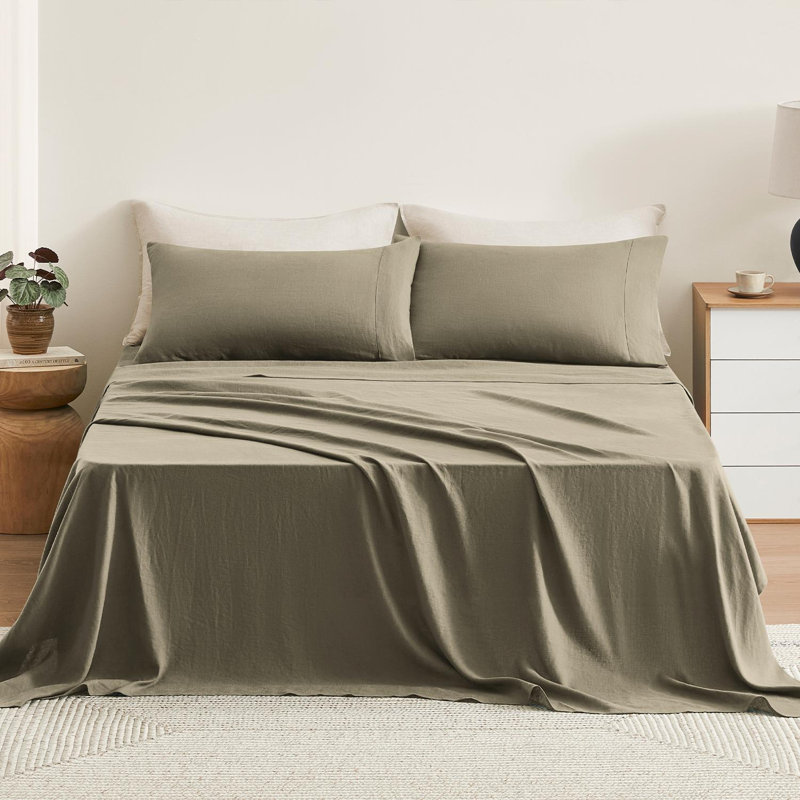 TOSMO 100% Linen Sheet Set, King, Taupe