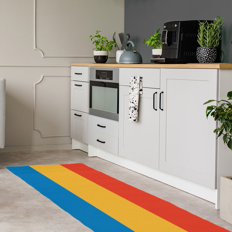 Tapis bleu/jaune/rouge rayé, Tapis de couloir 2 pi 6 po x 8 pi