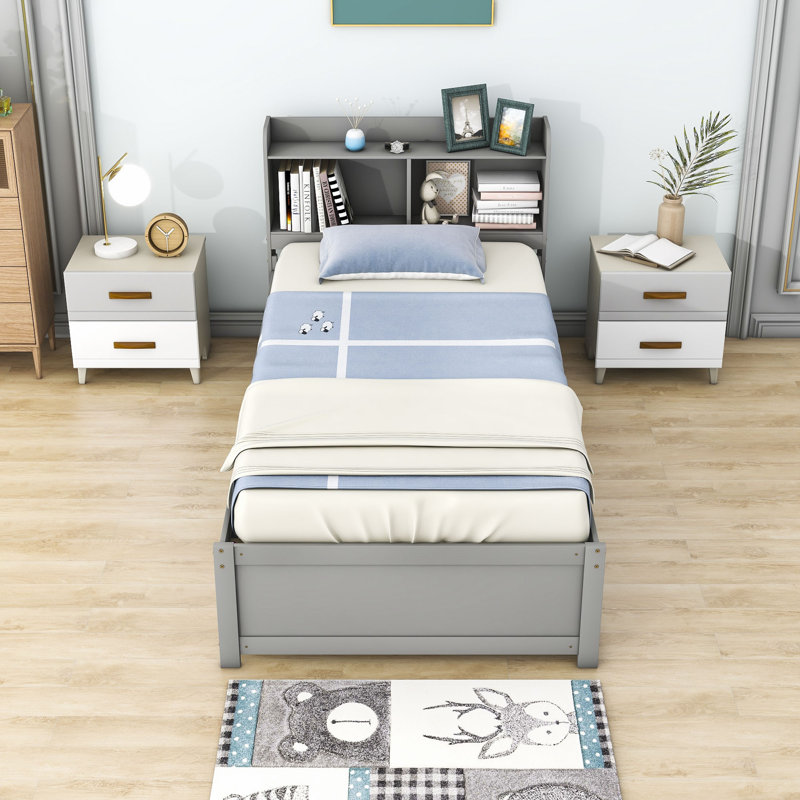 Lit plateforme en bois avec lit gigogne simple et rangement Kiefus, gris
