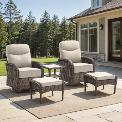 5-Piece All-Weather High-Back Wicker Patio Conversation Set With 6-Inch Thick Cushions, Swivel Rocker Chairs, Ottomans, And Side Table