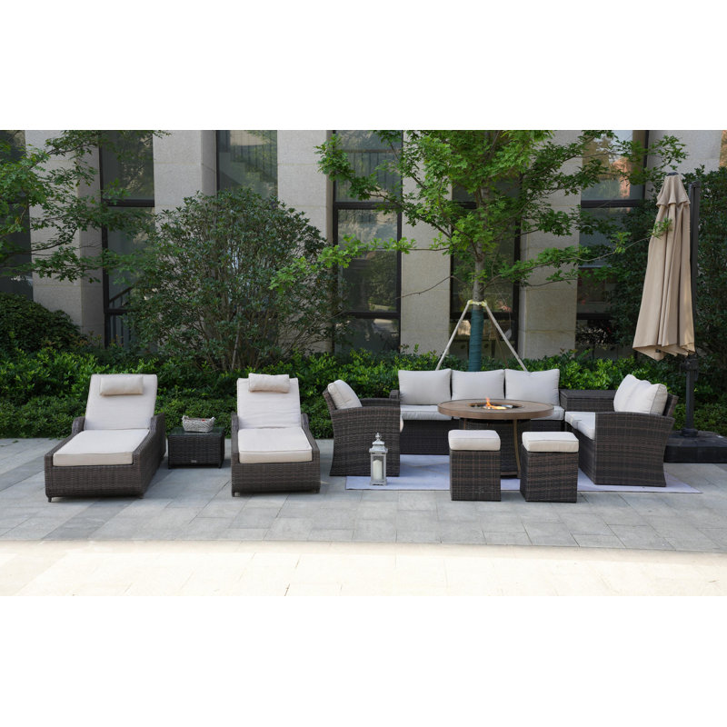 10 - Person Patio Conversation Set with Cushions, White, Brown