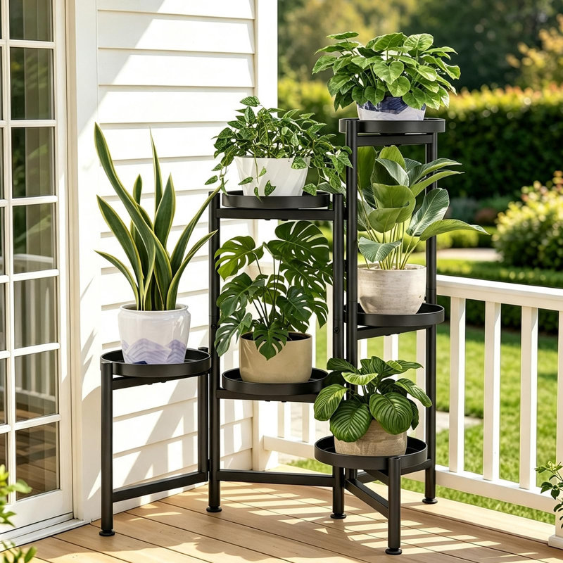 Étagère de coin pliable en métal à 6 niveaux pour plantes d'intérieur et d'extérieur, Noir