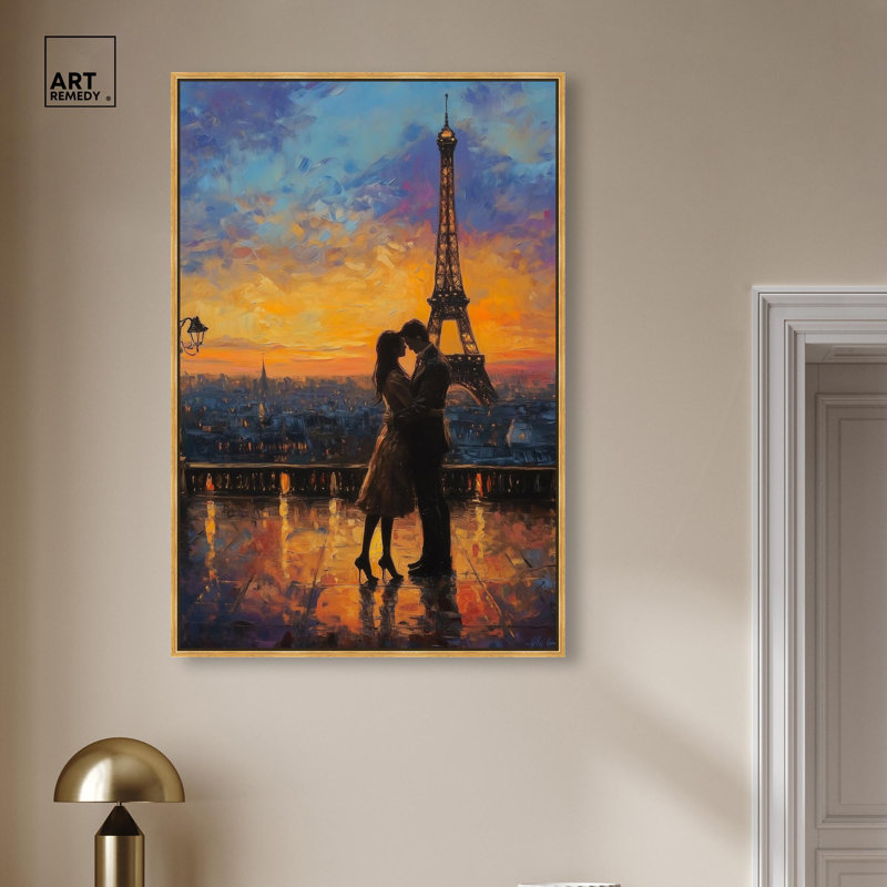 Toile romantique Tour Eiffel par Art Remedy, H 46 po x l 31 po, Cadre flottant, Doré