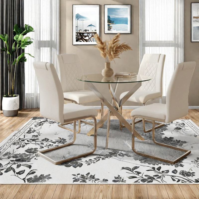 Ensemble de table de salle à manger moderne en verre pour 4 personnes, cadre en métal argenté, Chic Home Kitchen