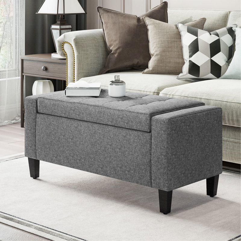 Banc de rangement à plateau relevable avec revêtement en lin gris et banc spacieux, décoration à boutons pour le salon, polyvalent comme repose-pieds, lit abondant