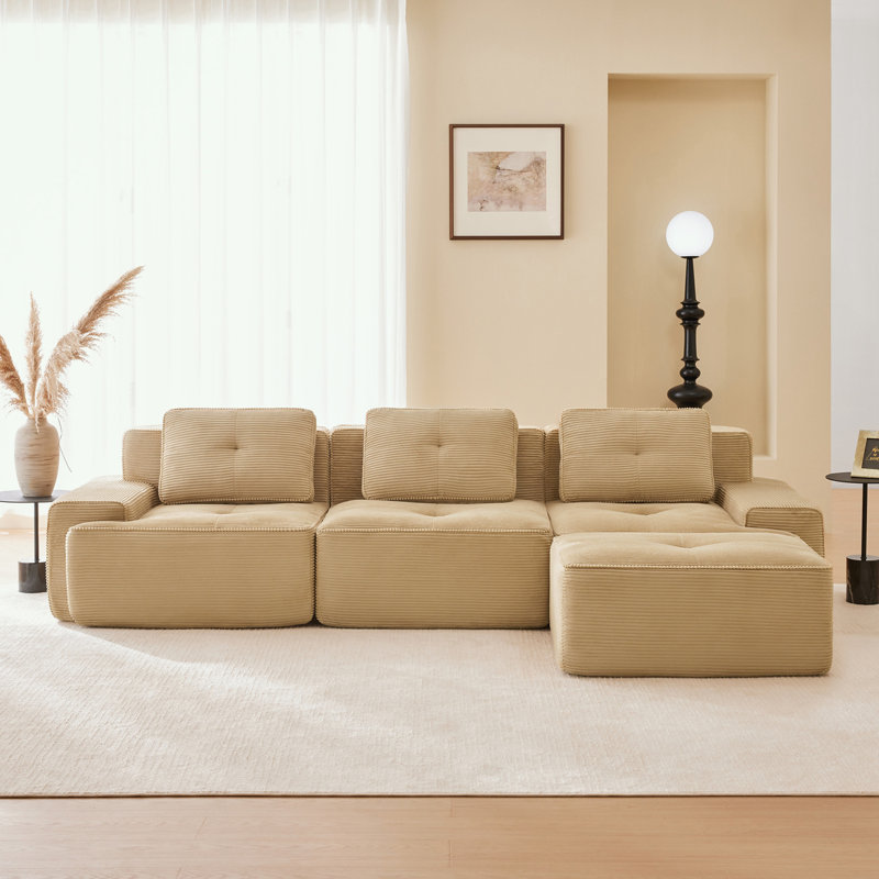 Canapé modulaire en L en velours côtelé avec siège profond et repose-pieds mobile, H 32,7 po x l 117,30 po x P 69,70 po
