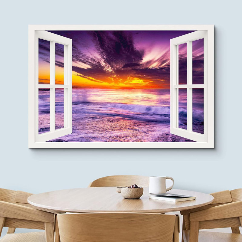 Fenêtre de paysage «Window View Purple Neon Tropical Ocean Beach Sunset Nature Scenic Landscape» sur toile, H 24 po x l 36 po