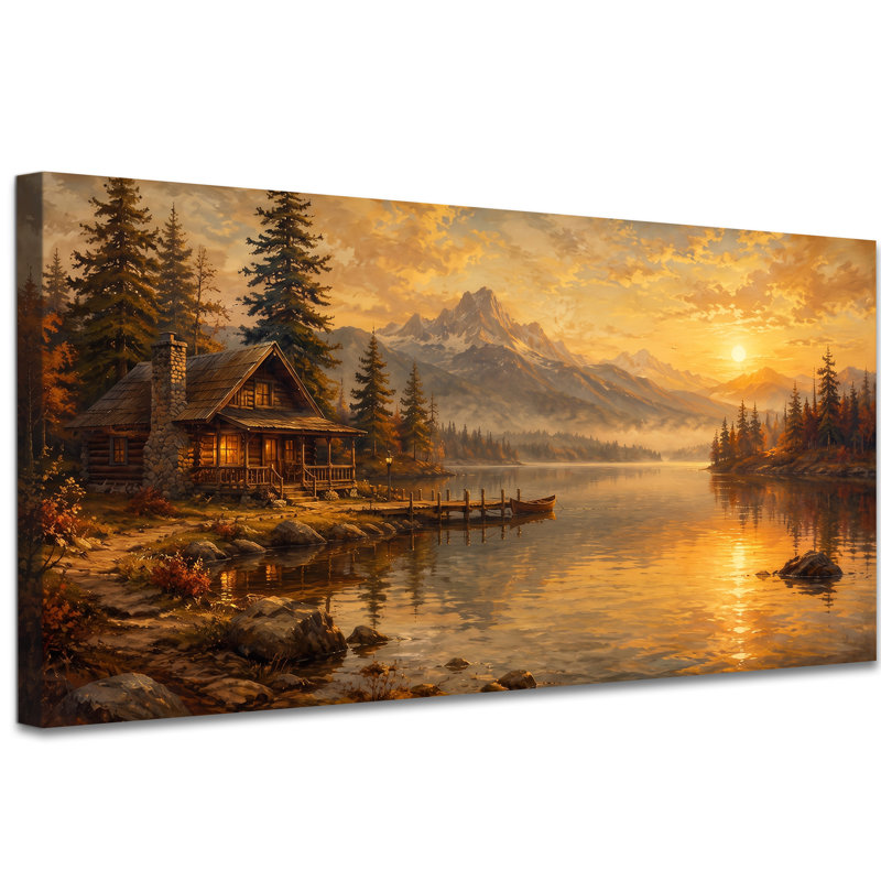 Tableau sur toile représentant un chalet au bord d'un lac, une cabane dorée dans la forêt et des eaux calmes, un paysage rustique et pittoresque, une décoration horizontale grand format pour le salon, la chambre ou le bureau, prêt à accrocher, 40 x 80 cm