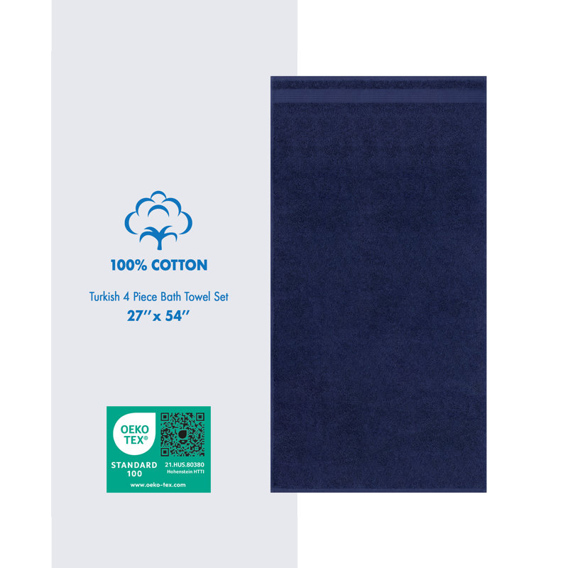 100% Cotton Turkish  4 Piece Bath Towel Set, Soft and Absorbent Bathroom Towels, Navy Blue