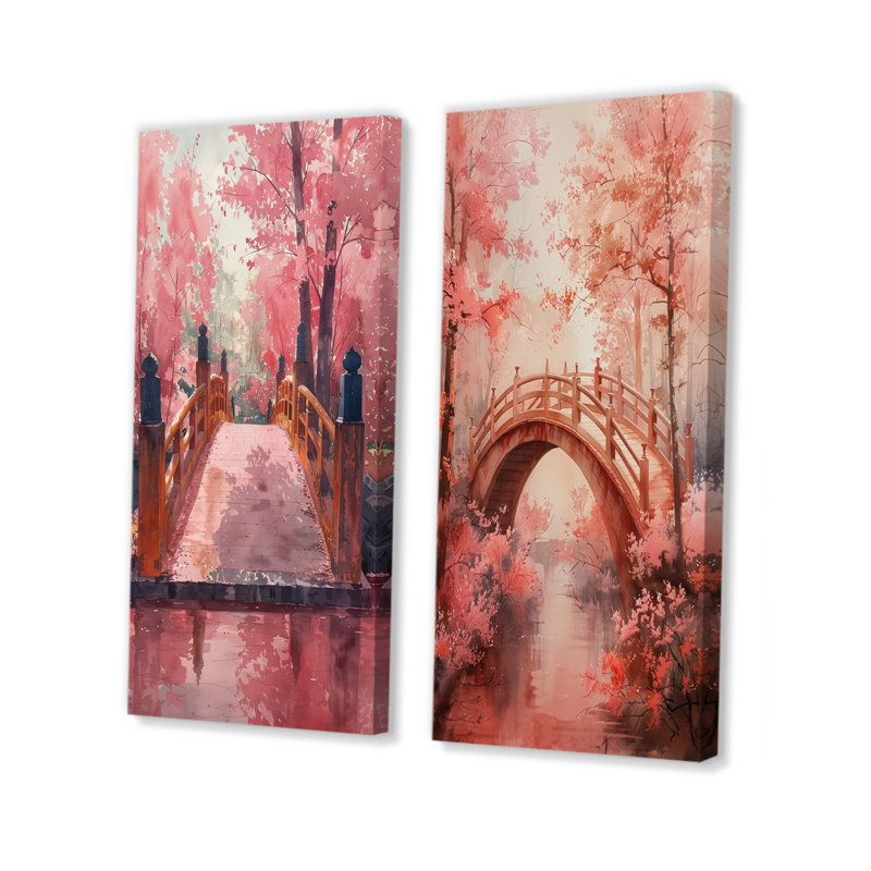 Ensemble de 2 pièces d'art mural pont rose de pont «Dreams Blooms III», H 28 po x l 24 po, Toile tendue