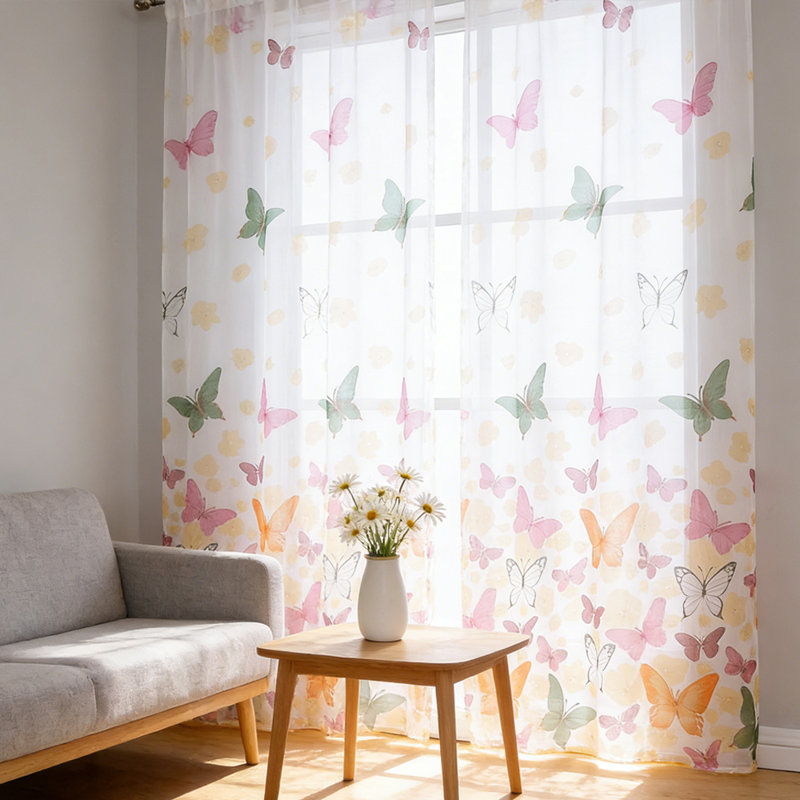 4-Pack Butterfly Print Sheer Voile Curtains Light Filtering Window Panels Simple Fresh Style Semi-Transparent Gauze Curtain for Living Room Bedroom Balcony Easy Care Machine Washable 100x200cm/39.37x78.74in