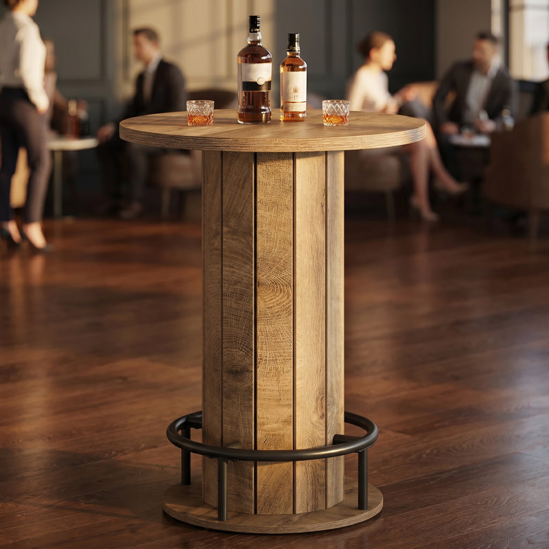 Table de bar 39,4 po, table bistro ronde avec repose-pieds en anneau en métal, table unique, Marron clair