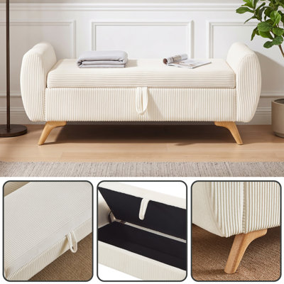 Banc de rangement rembourré en velours côtelé de 145 cm, pouf à plateau rabattable avec pieds en bois massif, beige, idéal pour la chambre ou le couloir.