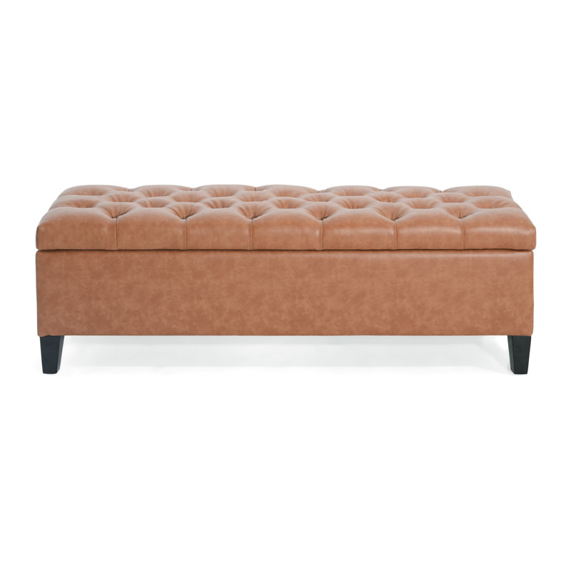  Banc de repose-pieds rembourré avec rangement, repose-pieds rectangulaire en similicuir, motif carré, brun cognac