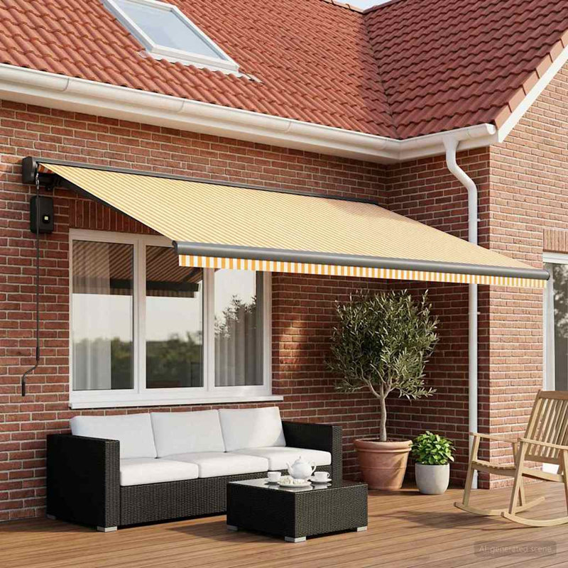 vidaXL Polyester Retractable Patio Awning, 450cm W x 300cm D, Yellow/White Striped