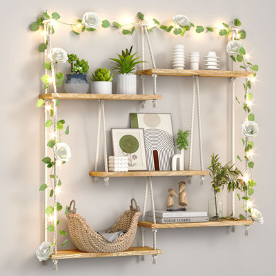 Étagère en bois à 5 niveaux avec cadre en macramé, étagère murale flottante Boho avec lierre artificiel, étagère à balançoire en corde pour la décoration des plantes de cuisine de la chambre à coucher, capacité de poids totale de 40 lb