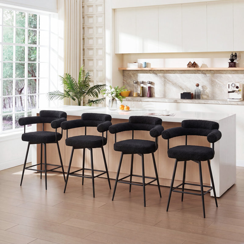 Tabouret de comptoir pivotant de 26,7 po avec dossier à oreilles incurvé et structure en métal Ansil, Sherpa noir