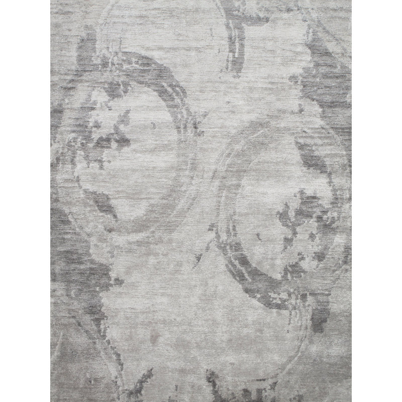 Tapis gris / blanc moderne à motif abstrait noué à la main, Rectangle 5 pi 6 po x 8 pi 6 po