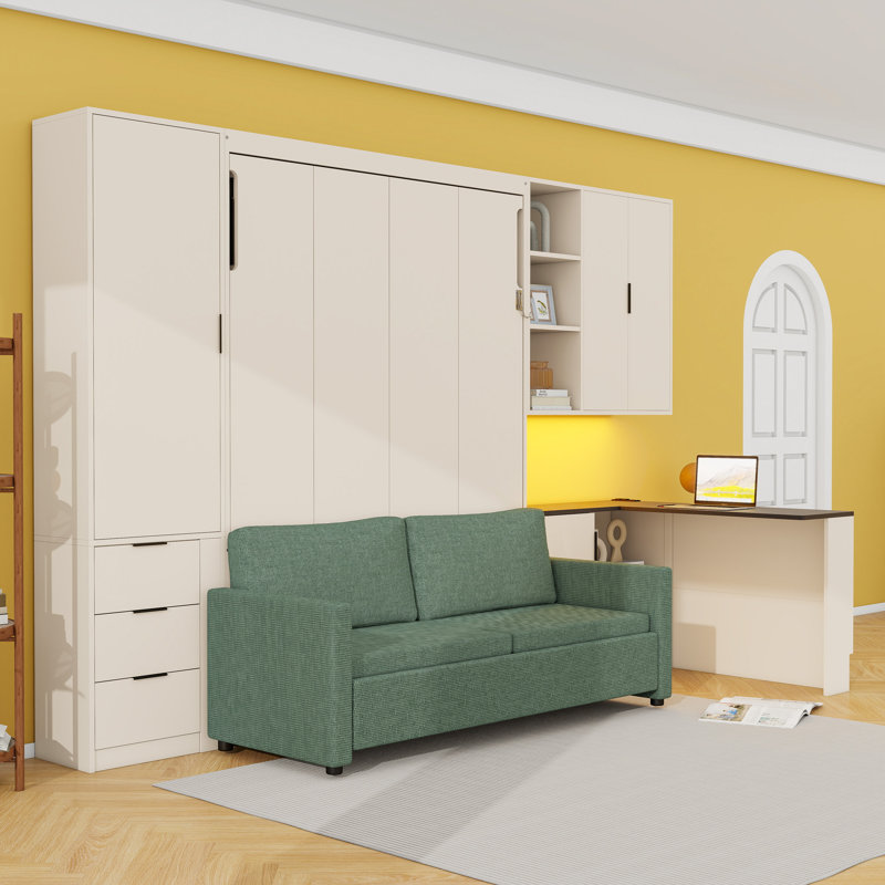 Grand lit escamotable avec canapé, tablettes de rangement et configuration de bureau, Crème